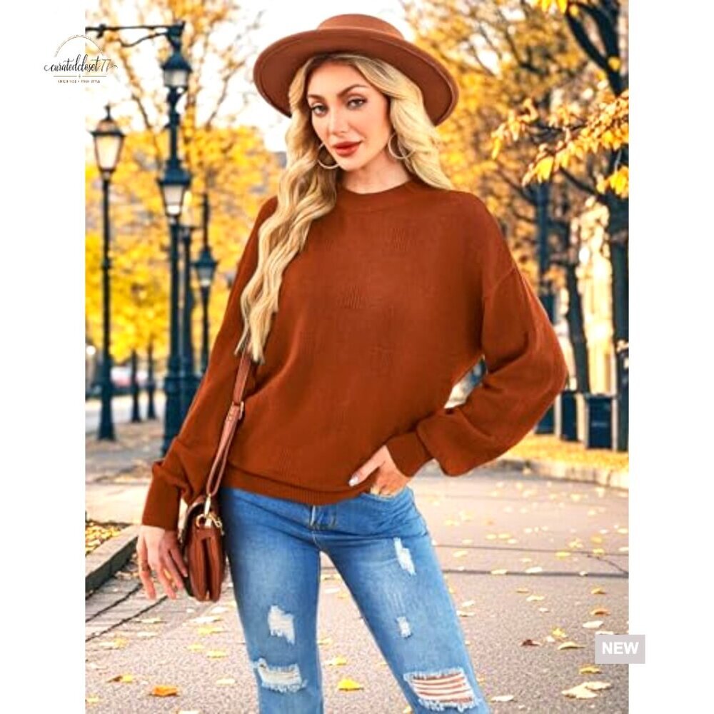 Turtleneck Pullover Sweater with Puff Sleeves, Loose Fit, Fall Fashion - Picture 2 of 7